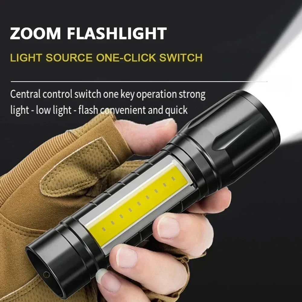 Portable COB+LED Camping Light Flashlight USB Rechargeable Zoom Tactical Torch Lamp Side Lamp Waterproof Outdoor Emergency Torch