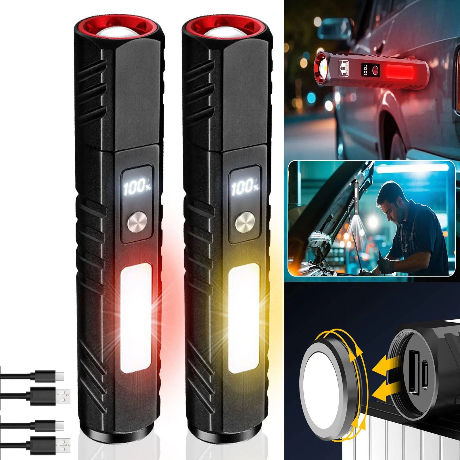 Outdoor Zoom LED Flashlight Portable USB Rechargeable Torch Built-in 18650 Lithium Battery COB Magnetic WORK Light for Camping