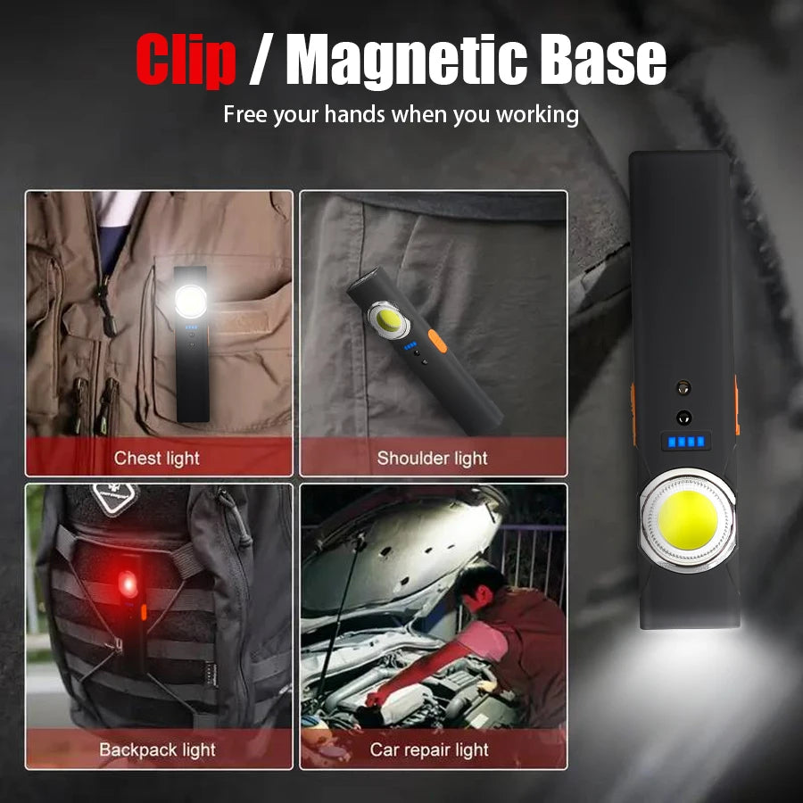 Portable Sensor LED Flashlight with Magnet Type-C Rechargeable Work Light with Clip Waterproof Torch for Outdoor Camping Hiking