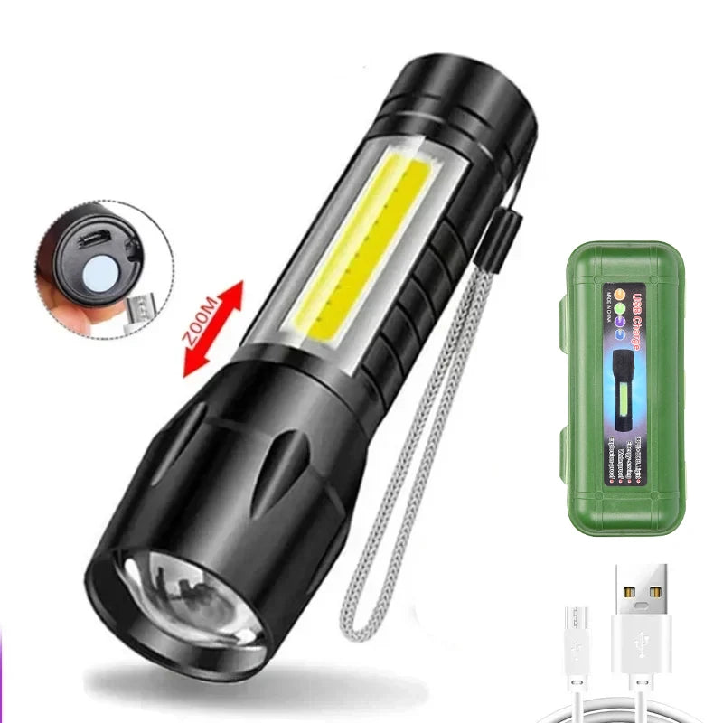 Portable COB+LED Camping Light Flashlight USB Rechargeable Zoom Tactical Torch Lamp Side Lamp Waterproof Outdoor Emergency Torch
