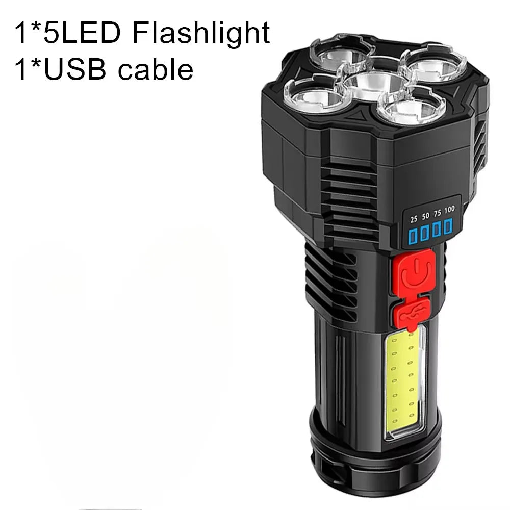 5LED High Power Led Flashlights Rechargeable Camping Spotlight with Side Light 3 Lighting Modes for Camping Adventure Outdoor
