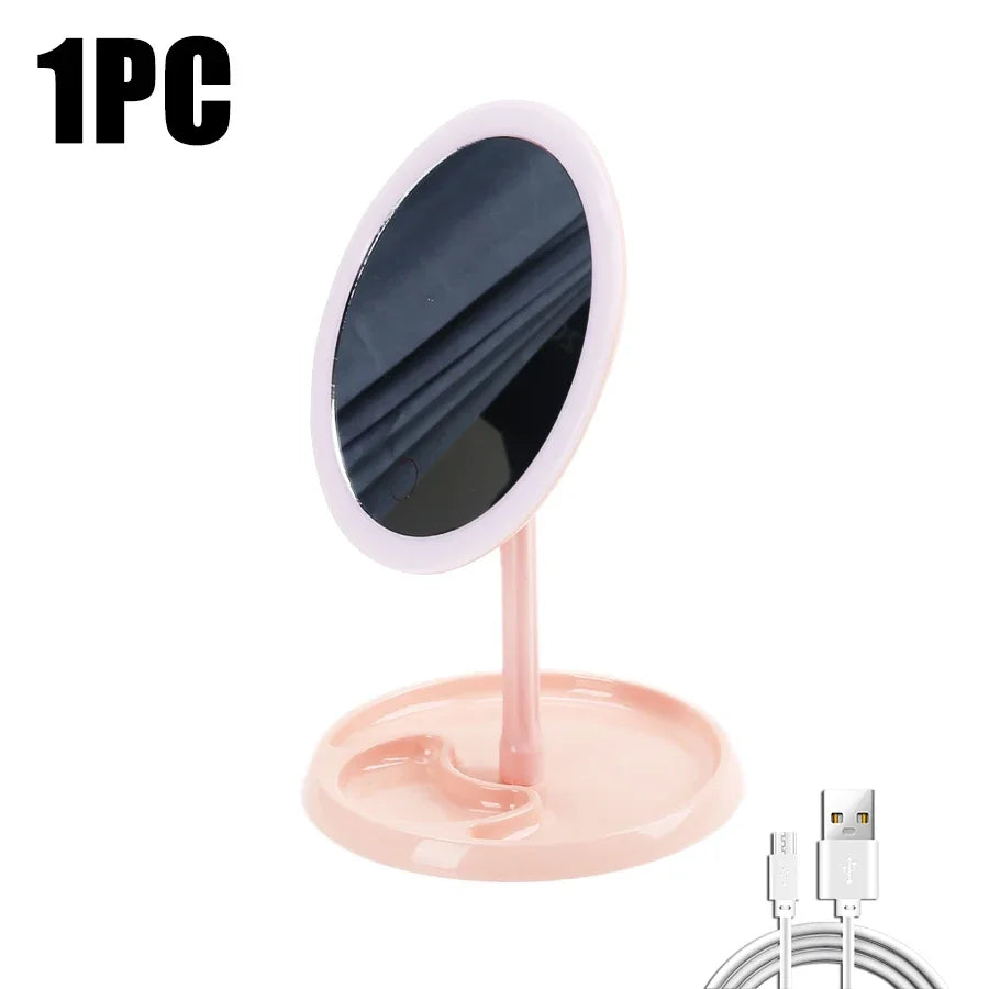 LED Makeup Mirror With Light Lamp With Storage Desktop Rotating Cosmetic Mirror Light Adjustable Dimming USB Vanity Mirror