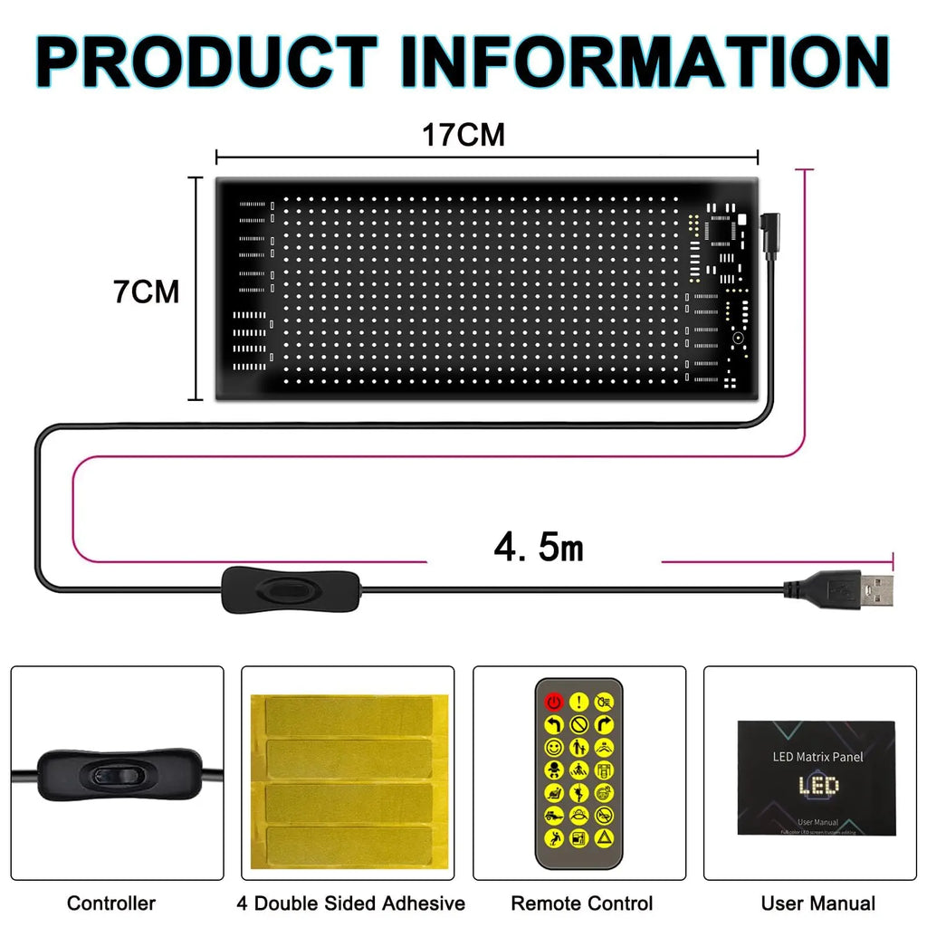 LED Sign Bluetooth App/Remote Control Flexible Programmable Car Interior Lights USB 5V Custom Text Pattern Matrix Panel 17x7 cm