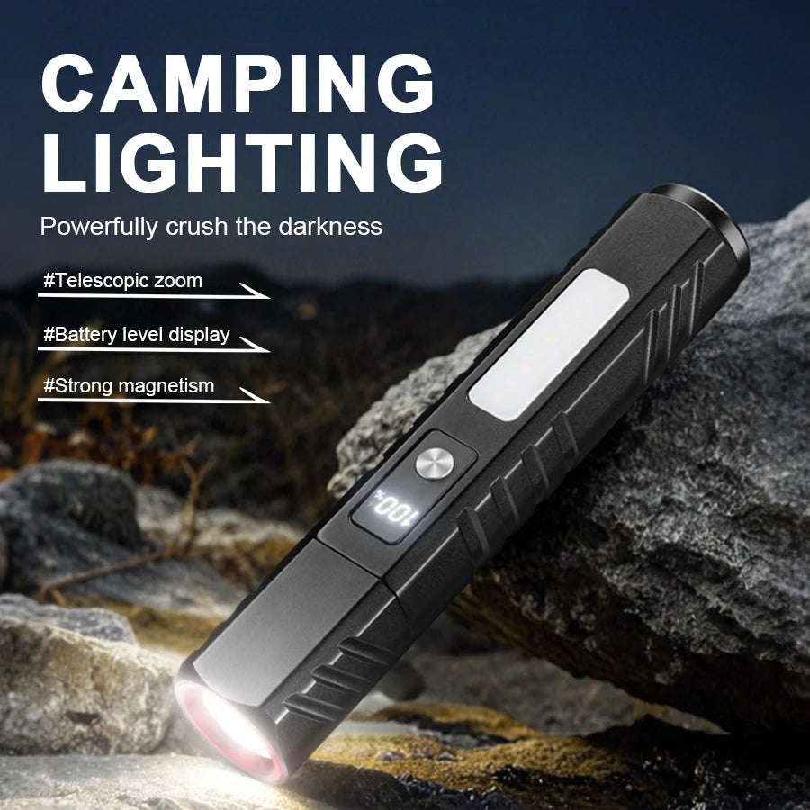 Outdoor Zoom LED Flashlight Portable USB Rechargeable Torch Built-in 18650 Lithium Battery COB Magnetic WORK Light for Camping