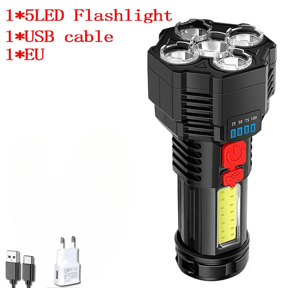 5LED High Power Led Flashlights Rechargeable Camping Spotlight with Side Light 3 Lighting Modes for Camping Adventure Outdoor