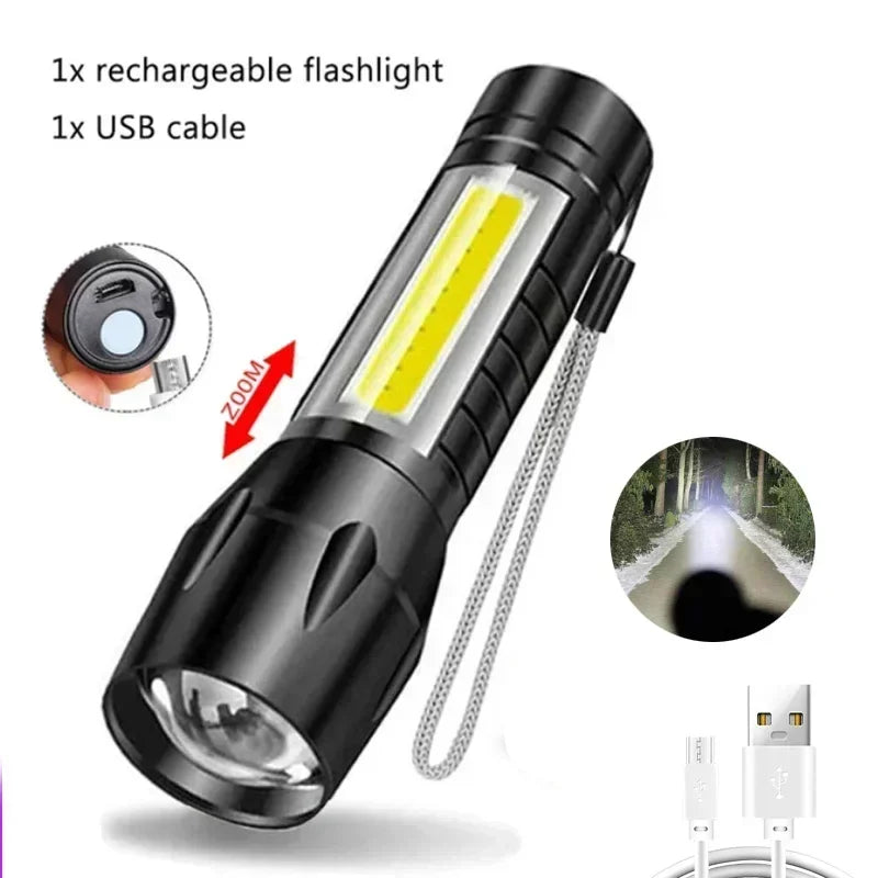 Portable COB+LED Camping Light Flashlight USB Rechargeable Zoom Tactical Torch Lamp Side Lamp Waterproof Outdoor Emergency Torch