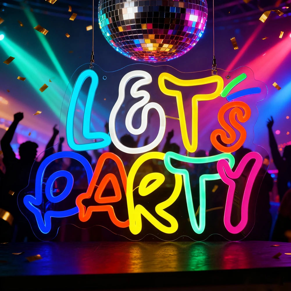 Let's Party Neon Sign - Multicolor USB LED | 14.17x10.32In | Ideal Wall Decor for Birthday, Bachelorette Parties, Game Room, Bar