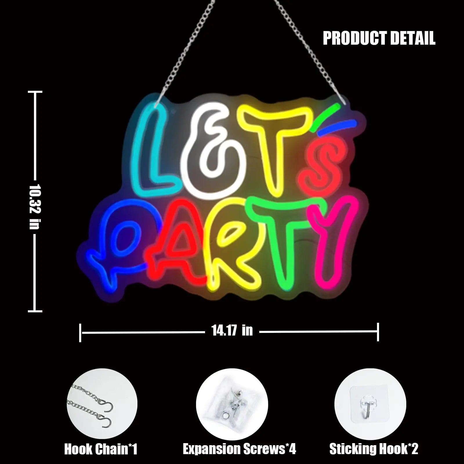 Let's Party Neon Sign - Multicolor USB LED | 14.17x10.32In | Ideal Wall Decor for Birthday, Bachelorette Parties, Game Room, Bar