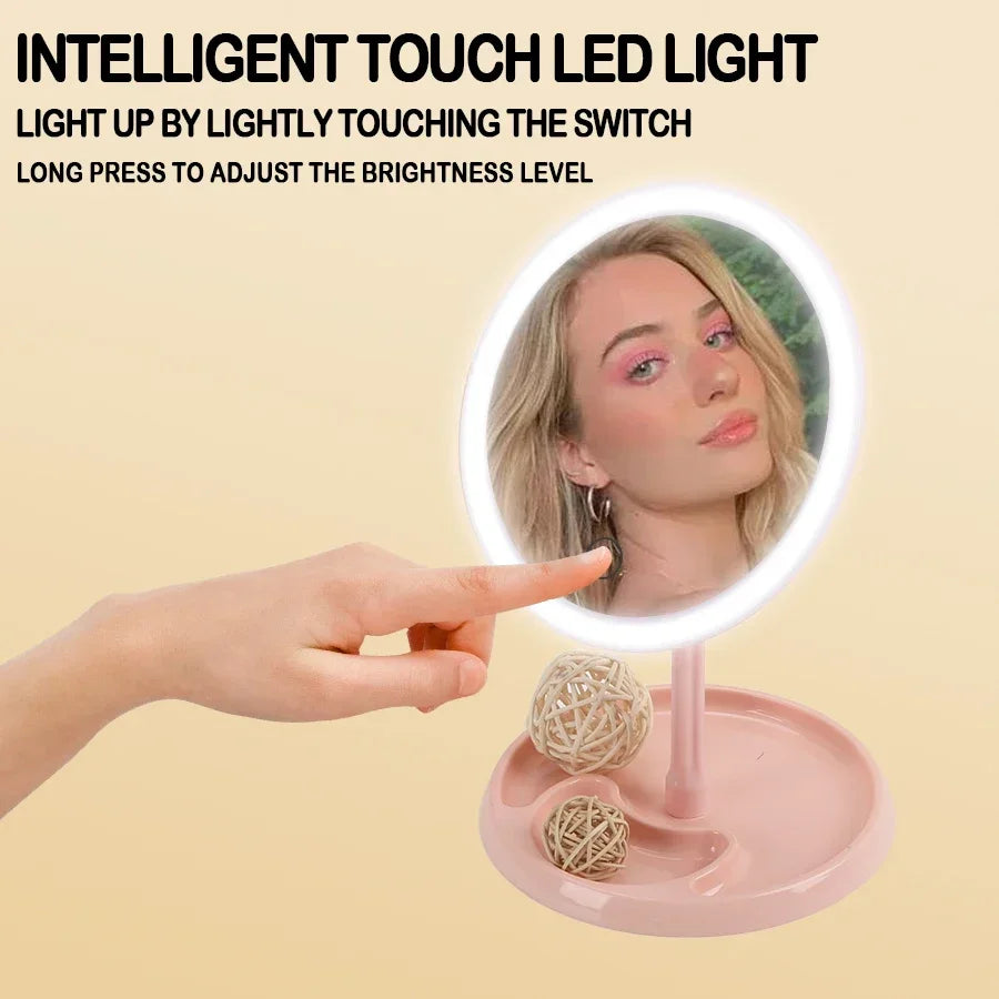 LED Makeup Mirror With Light Lamp With Storage Desktop Rotating Cosmetic Mirror Light Adjustable Dimming USB Vanity Mirror