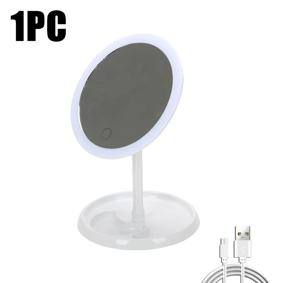 LED Makeup Mirror With Light Lamp With Storage Desktop Rotating Cosmetic Mirror Light Adjustable Dimming USB Vanity Mirror