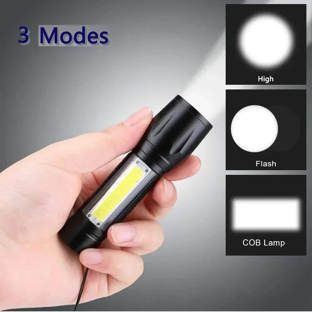 Portable COB+LED Camping Light Flashlight USB Rechargeable Zoom Tactical Torch Lamp Side Lamp Waterproof Outdoor Emergency Torch