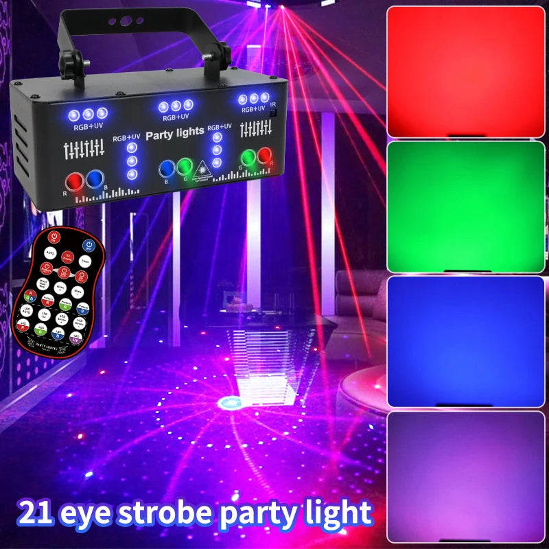 21 Eyes RGB DJ Disco Party Stage Light DMX512 UV LED Pattern Strobe Lights for Laser Light Show Xmas Club Bar Disco Dancing