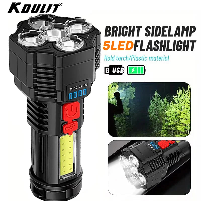 5LED High Power Led Flashlights Rechargeable Camping Spotlight with Side Light 3 Lighting Modes for Camping Adventure Outdoor