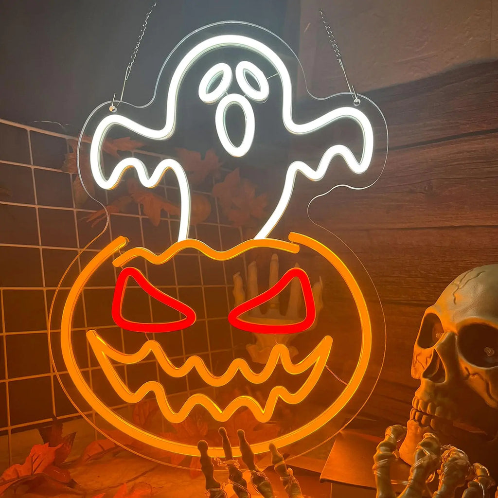Halloween Ghost Pumpkin Neon Sign Ghost Face Neon Light Spooky Pumpkin Neon Light Up Signs Dimmable LED Halloween Skull LED Sign
