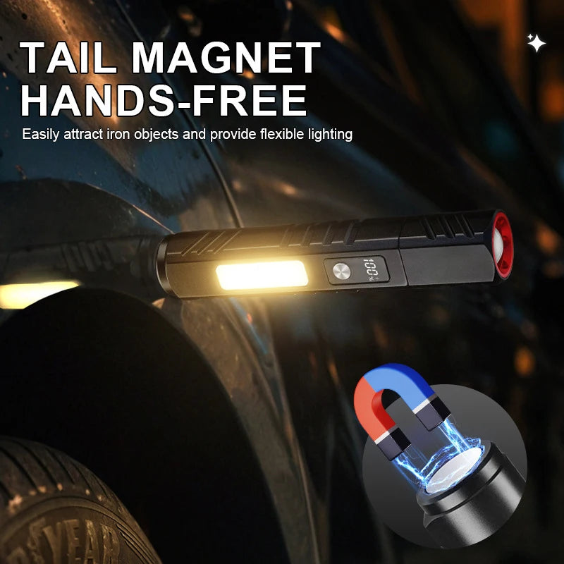 Outdoor Zoom LED Flashlight Portable USB Rechargeable Torch Built-in 18650 Lithium Battery COB Magnetic WORK Light for Camping