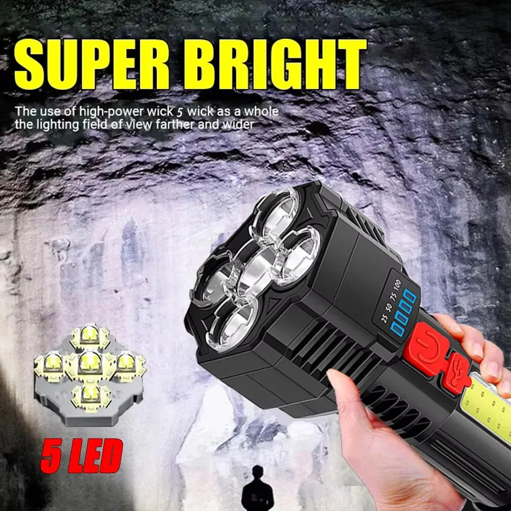 5LED High Power Led Flashlights Rechargeable Camping Spotlight with Side Light 3 Lighting Modes for Camping Adventure Outdoor
