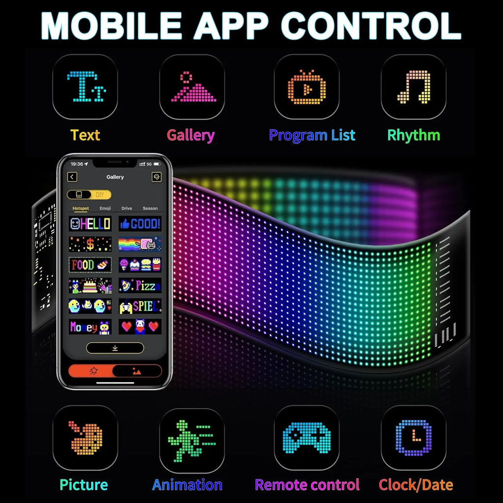 LED Sign Bluetooth App/Remote Control Flexible Programmable Car Interior Lights USB 5V Custom Text Pattern Matrix Panel 17x7 cm