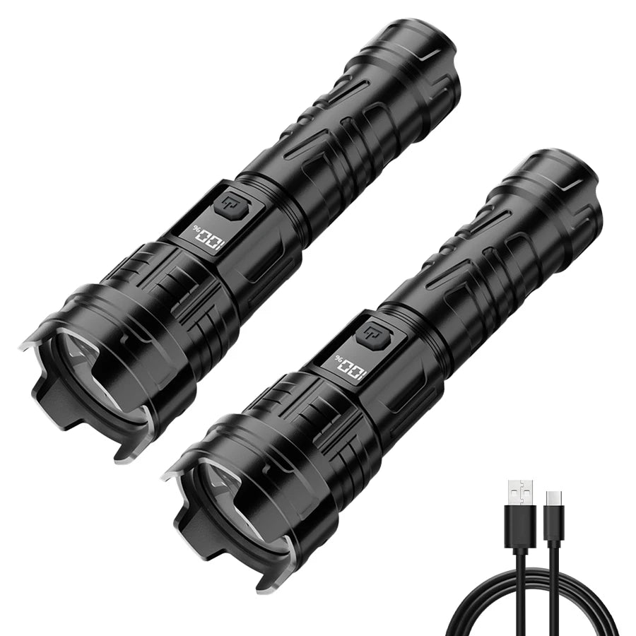 Super Bright LED Flashlight USB Rechargeable Torch Outdoor Zoom Fishing Hunting Spotlight Built-in 18650 Battery ABS Flashlight