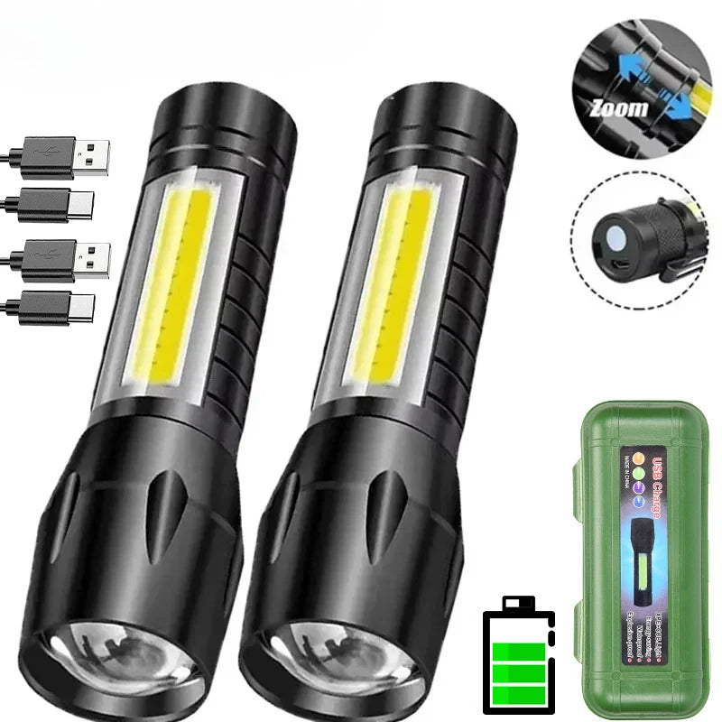 Portable COB+LED Camping Light Flashlight USB Rechargeable Zoom Tactical Torch Lamp Side Lamp Waterproof Outdoor Emergency Torch