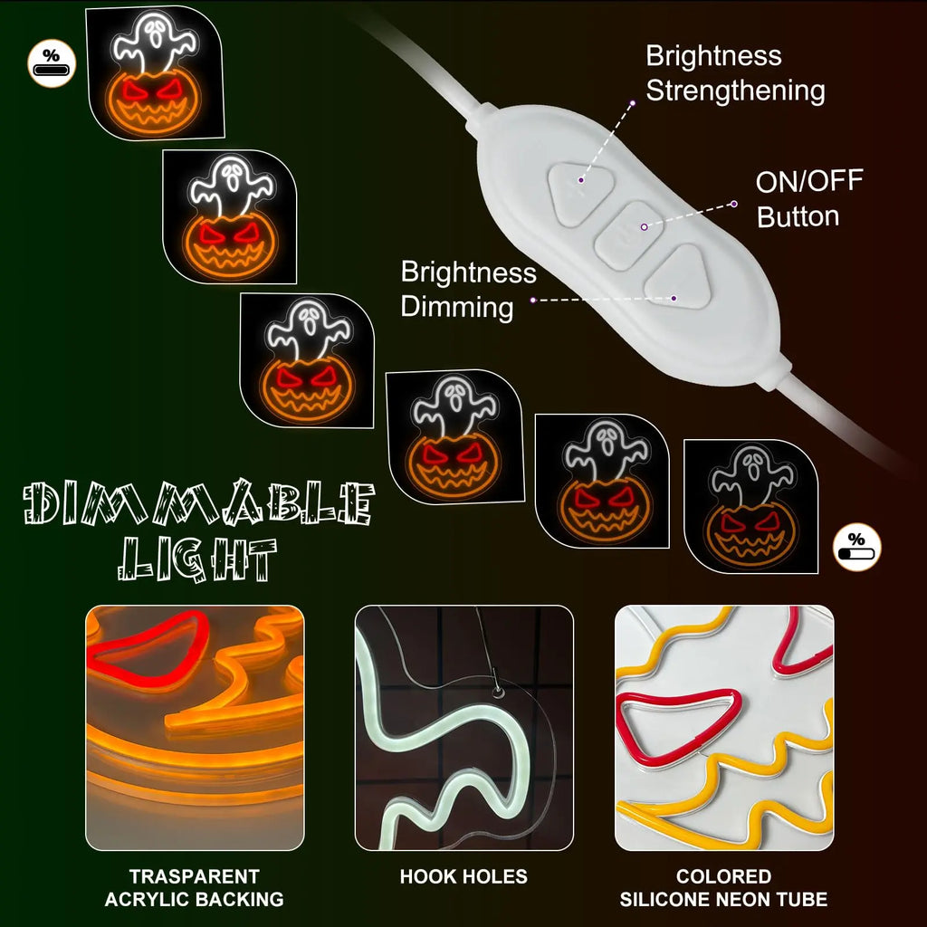 Halloween Ghost Pumpkin Neon Sign Ghost Face Neon Light Spooky Pumpkin Neon Light Up Signs Dimmable LED Halloween Skull LED Sign