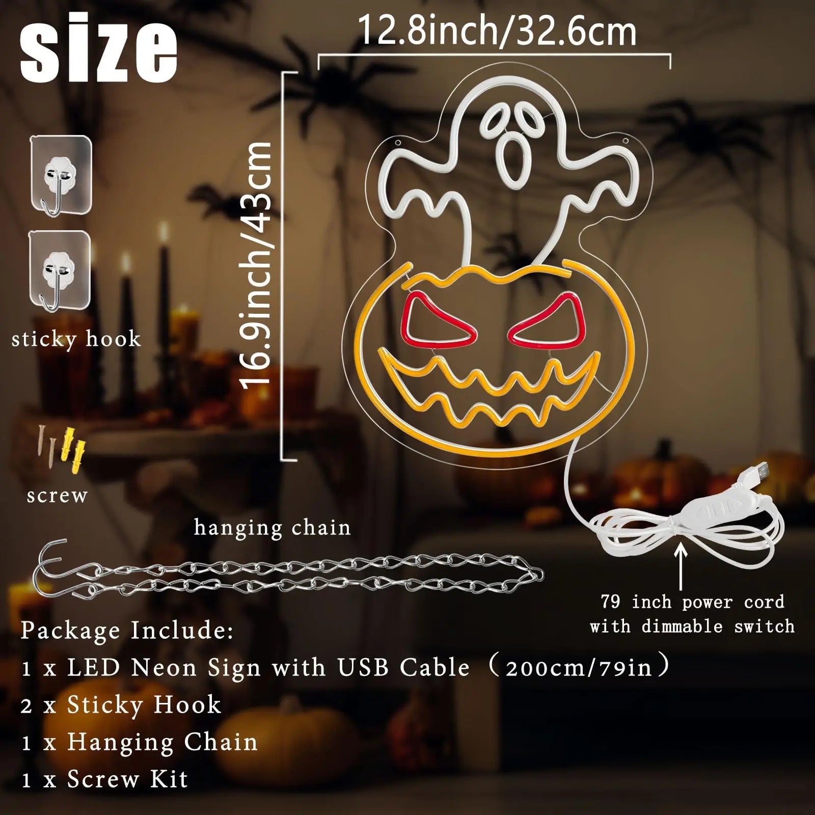 Halloween Ghost Pumpkin Neon Sign Ghost Face Neon Light Spooky Pumpkin Neon Light Up Signs Dimmable LED Halloween Skull LED Sign