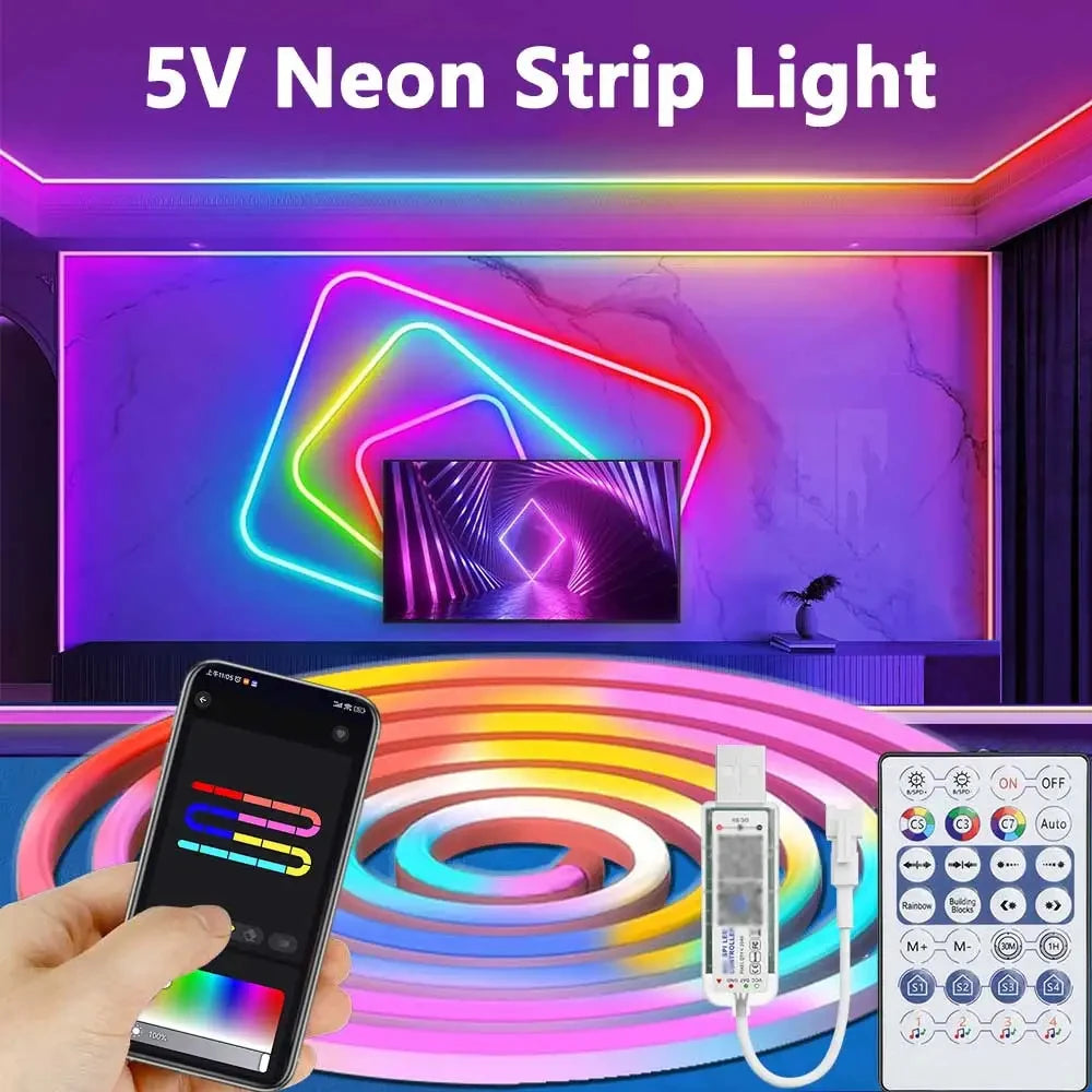 5V USB RGBIC Neon LED Strip,1/2/3/4/5/10M IP65 RGBIC Neon lamp tape with Bluetooth App and Remote For DIY Neon Deocor Lighting