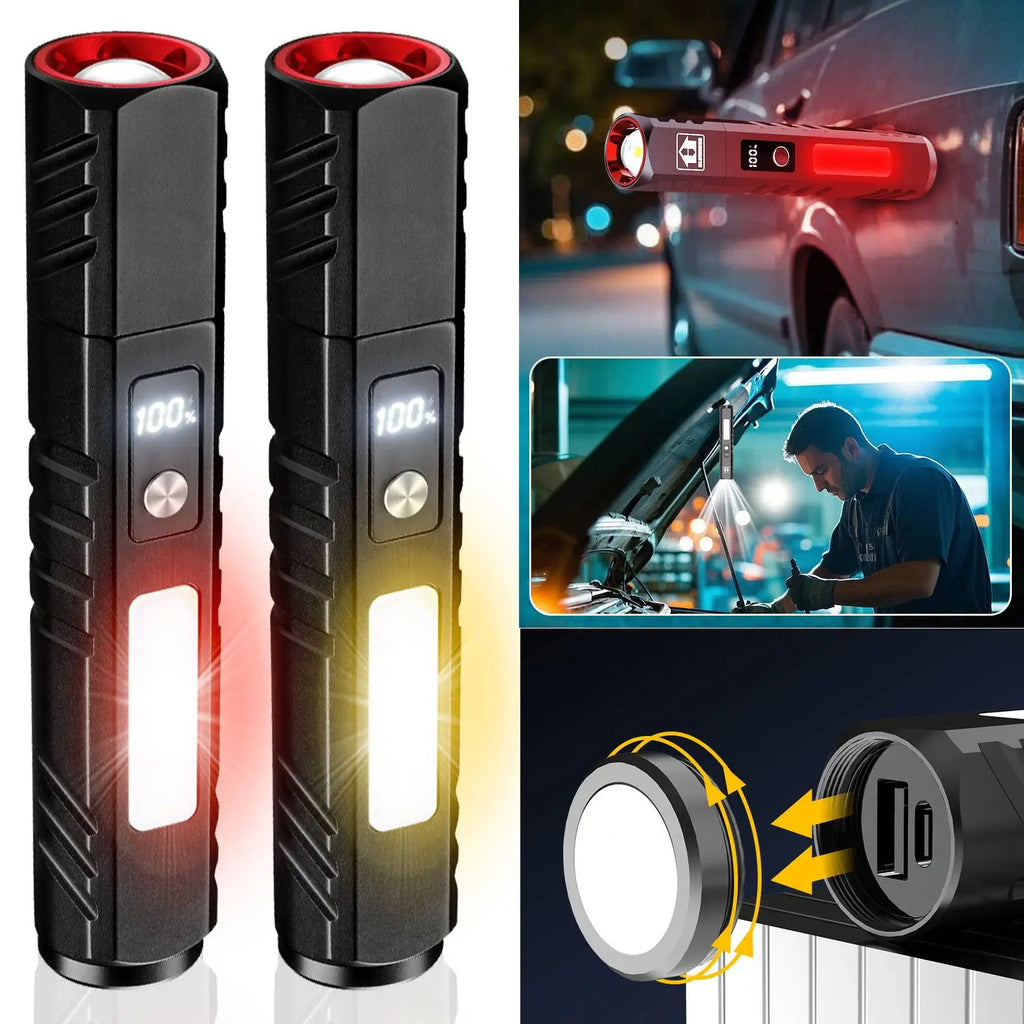 Outdoor Zoom LED Flashlight Portable USB Rechargeable Torch Built-in 18650 Lithium Battery COB Magnetic WORK Light for Camping