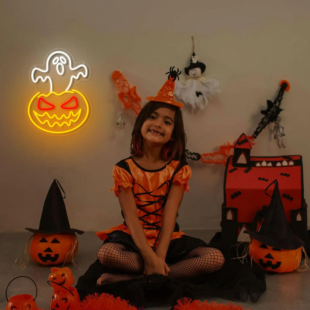 Halloween Ghost Pumpkin Neon Sign Ghost Face Neon Light Spooky Pumpkin Neon Light Up Signs Dimmable LED Halloween Skull LED Sign
