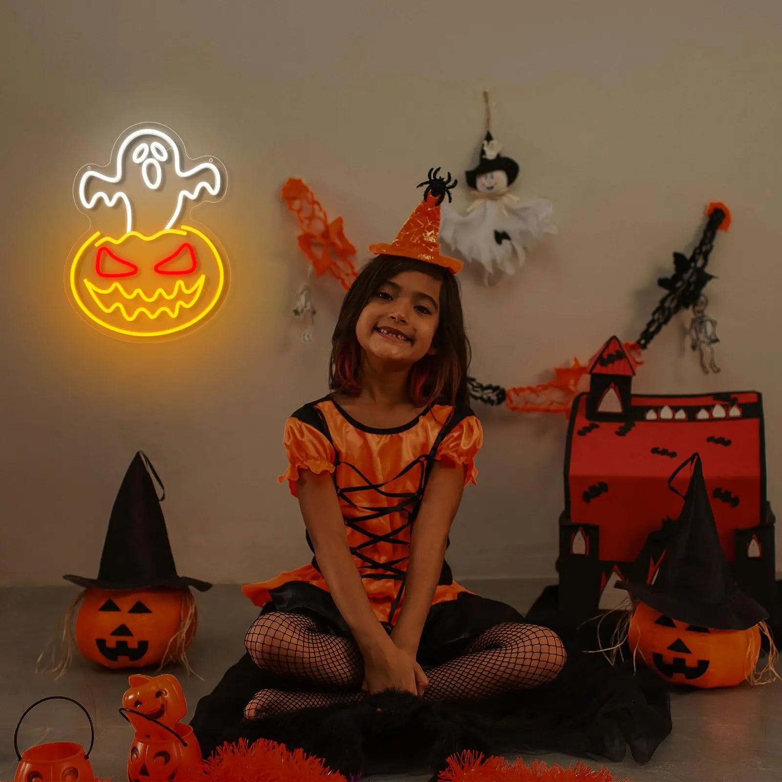 Halloween Ghost Pumpkin Neon Sign Ghost Face Neon Light Spooky Pumpkin Neon Light Up Signs Dimmable LED Halloween Skull LED Sign