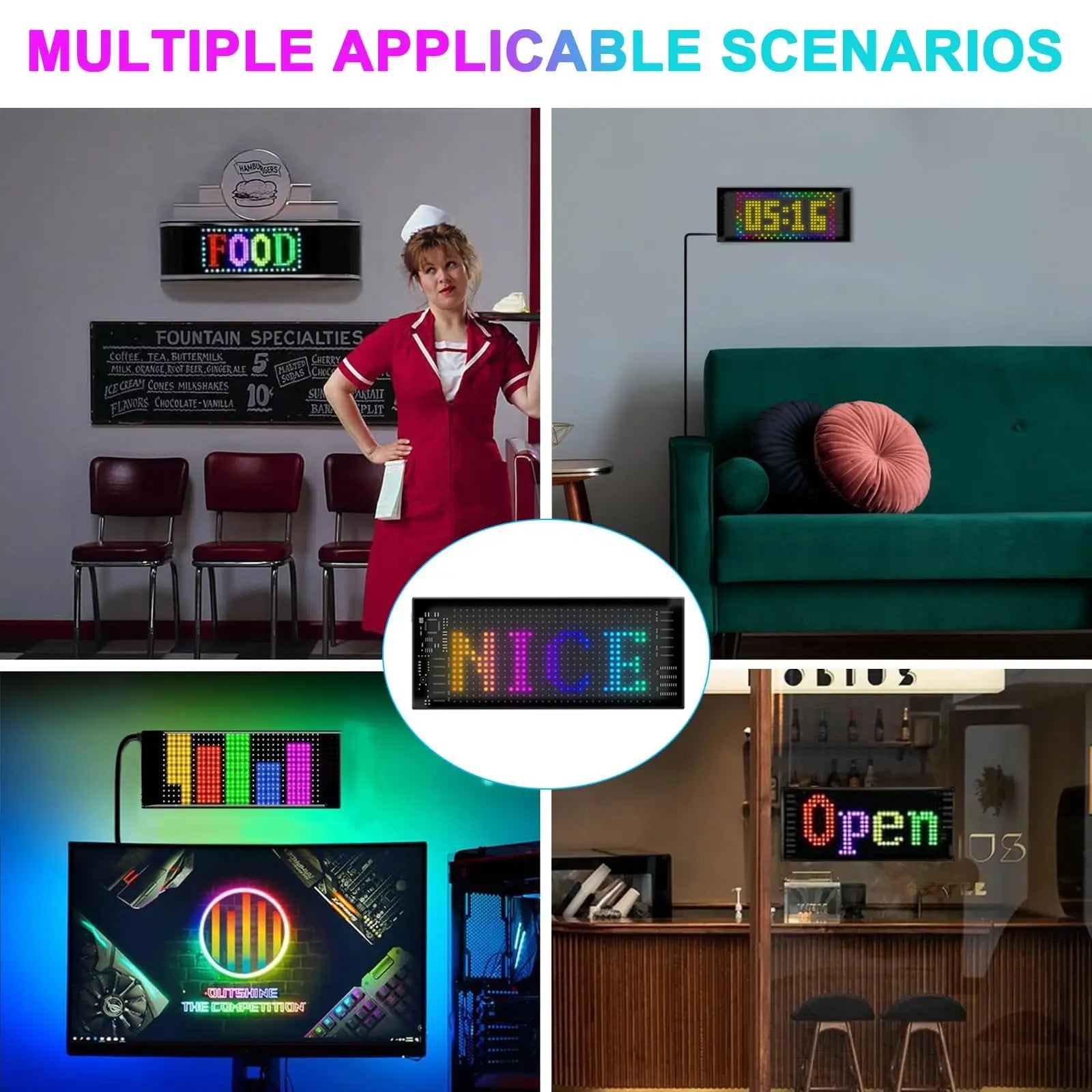 LED Sign Bluetooth App/Remote Control Flexible Programmable Car Interior Lights USB 5V Custom Text Pattern Matrix Panel 17x7 cm