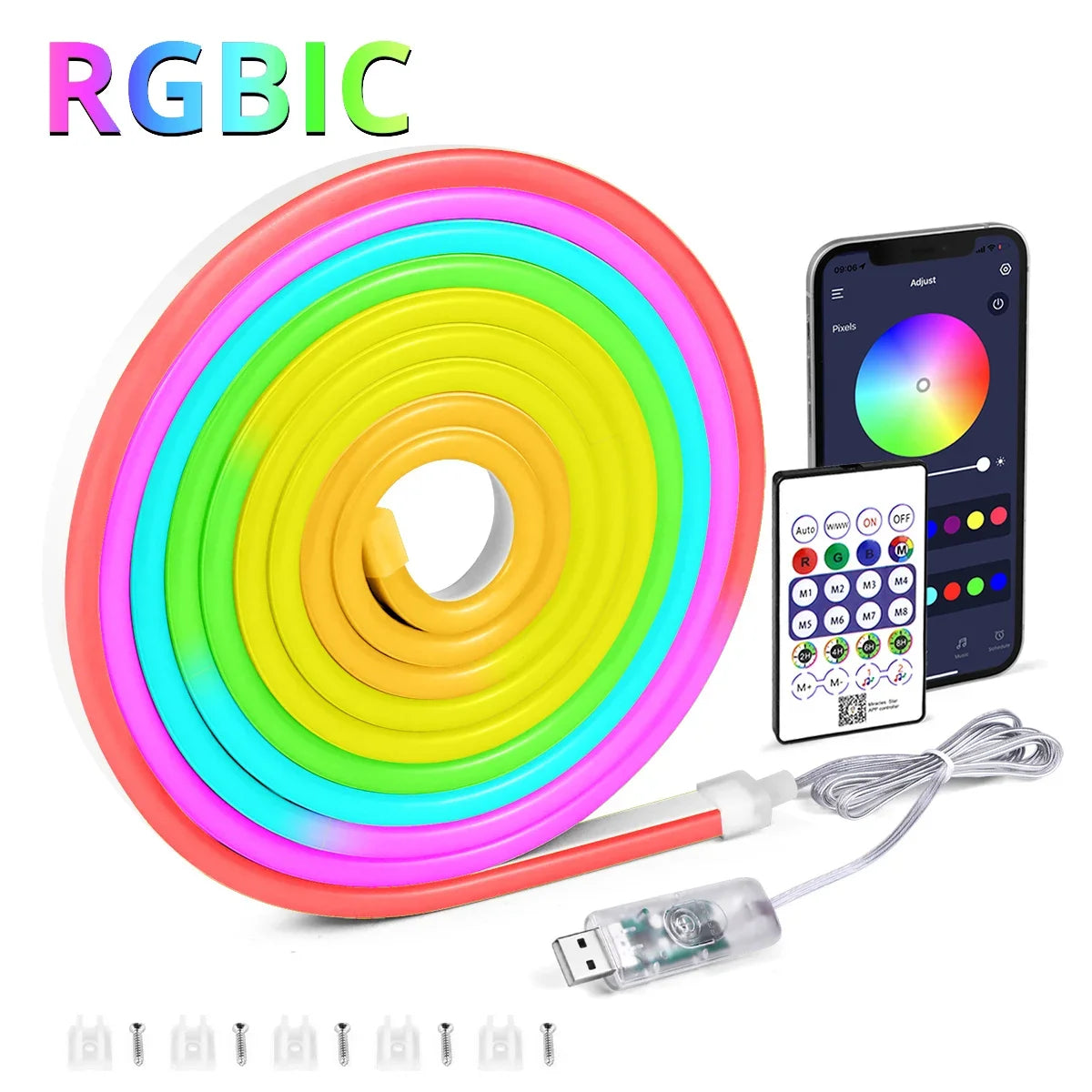 5V USB RGBIC Neon LED Strip,1/2/3/4/5/10M IP65 RGBIC Neon lamp tape with Bluetooth App and Remote For DIY Neon Deocor Lighting