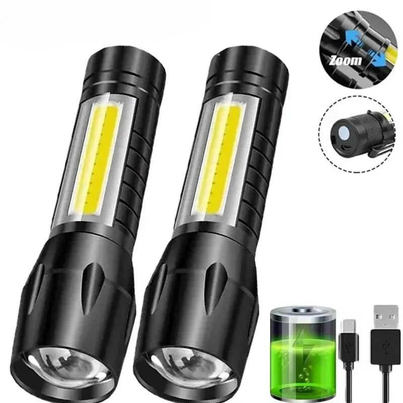 Portable COB+LED Camping Light Flashlight USB Rechargeable Zoom Tactical Torch Lamp Side Lamp Waterproof Outdoor Emergency Torch