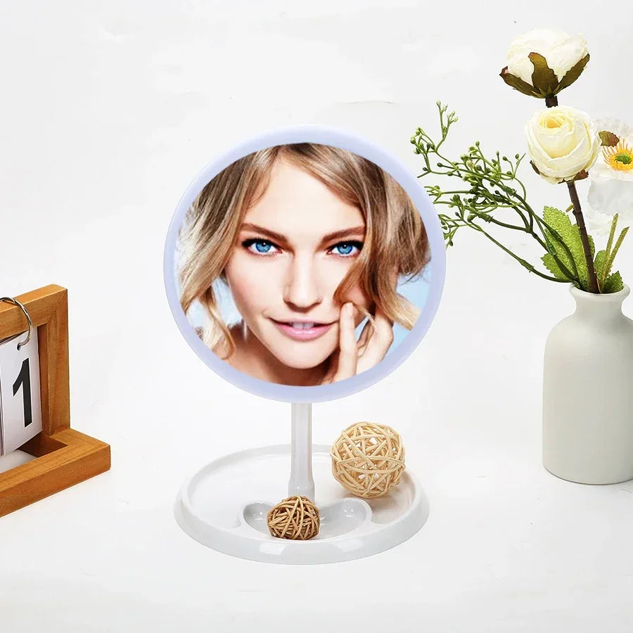 LED Makeup Mirror With Light Lamp With Storage Desktop Rotating Cosmetic Mirror Light Adjustable Dimming USB Vanity Mirror