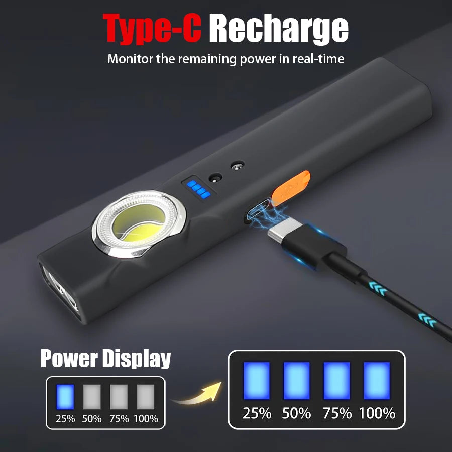 Portable Sensor LED Flashlight with Magnet Type-C Rechargeable Work Light with Clip Waterproof Torch for Outdoor Camping Hiking