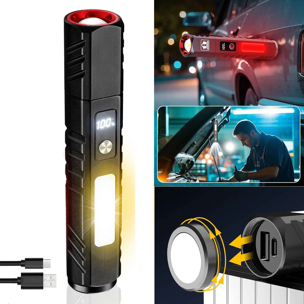 Outdoor Zoom LED Flashlight Portable USB Rechargeable Torch Built-in 18650 Lithium Battery COB Magnetic WORK Light for Camping