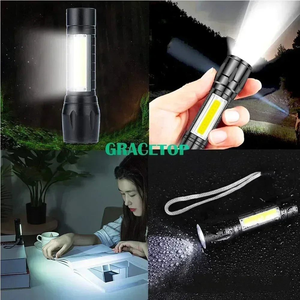 Portable COB+LED Camping Light Flashlight USB Rechargeable Zoom Tactical Torch Lamp Side Lamp Waterproof Outdoor Emergency Torch