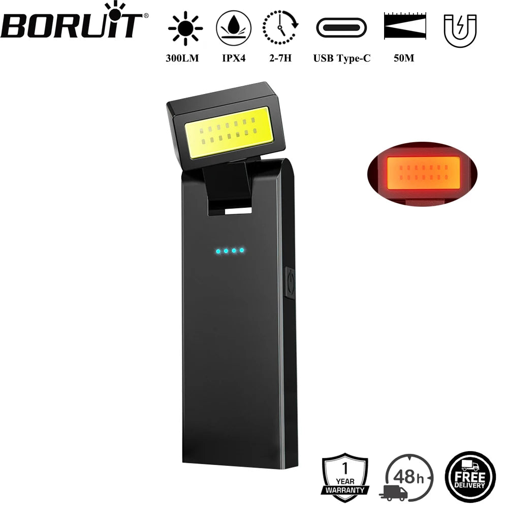 BORUiT 300LM Rotatable Head EDC LED Flashlight Type-C Rechargeable Work Light Torch with Magnet Camping Pocket Lantern