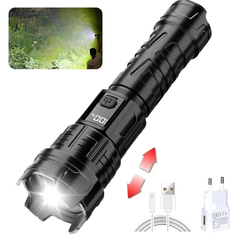 Super Bright LED Flashlight USB Rechargeable Torch Outdoor Zoom Fishing Hunting Spotlight Built-in 18650 Battery ABS Flashlight