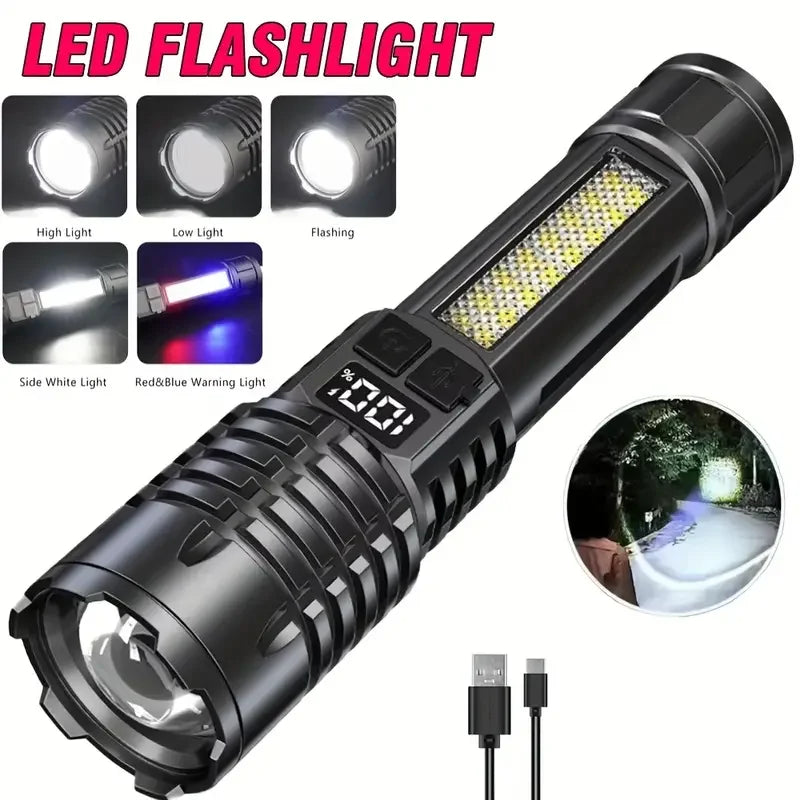 Rechargeable Flashlight w/  Bright COB Light, Portable ZoomTorch for Outdoor Camping/Fishing/Hunting/Climbing/Hiking/Emergencies
