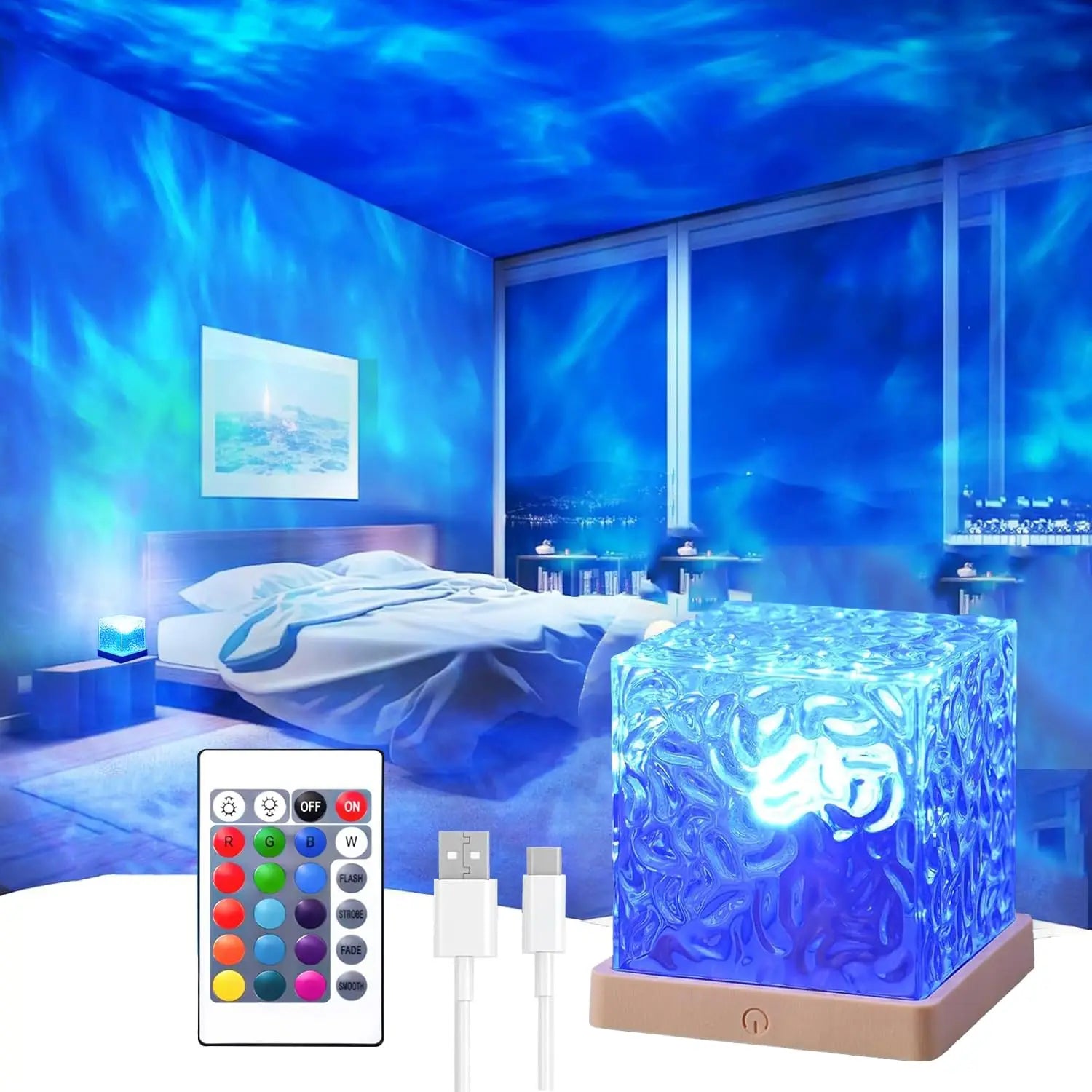 Ocean Wave Projector Light, 16-Color Luminorthe Cube Lamp & App Remote, 3D Holographic Water Ripple Romantic Ambient Lighting